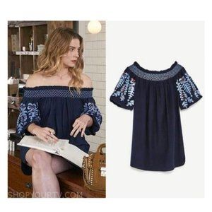 Zara off the shoulder puff sleeve blue dress blogger favorite Alexis Rose  SMALL